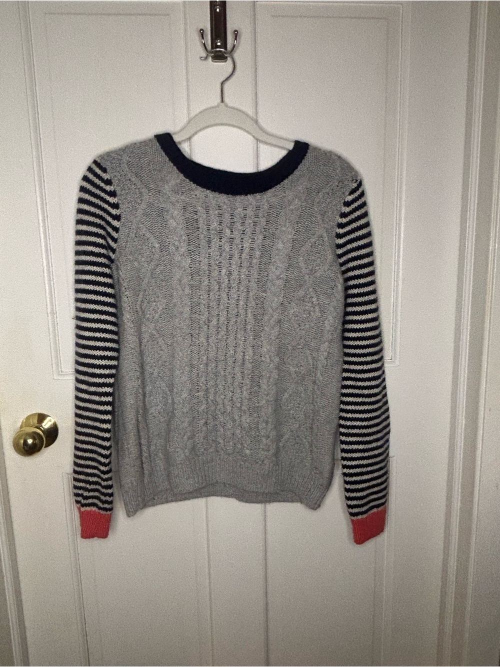 Johnnie B Striped-Sleeve Cable Knit Sweater with Navy & Coral Accents size 13-14